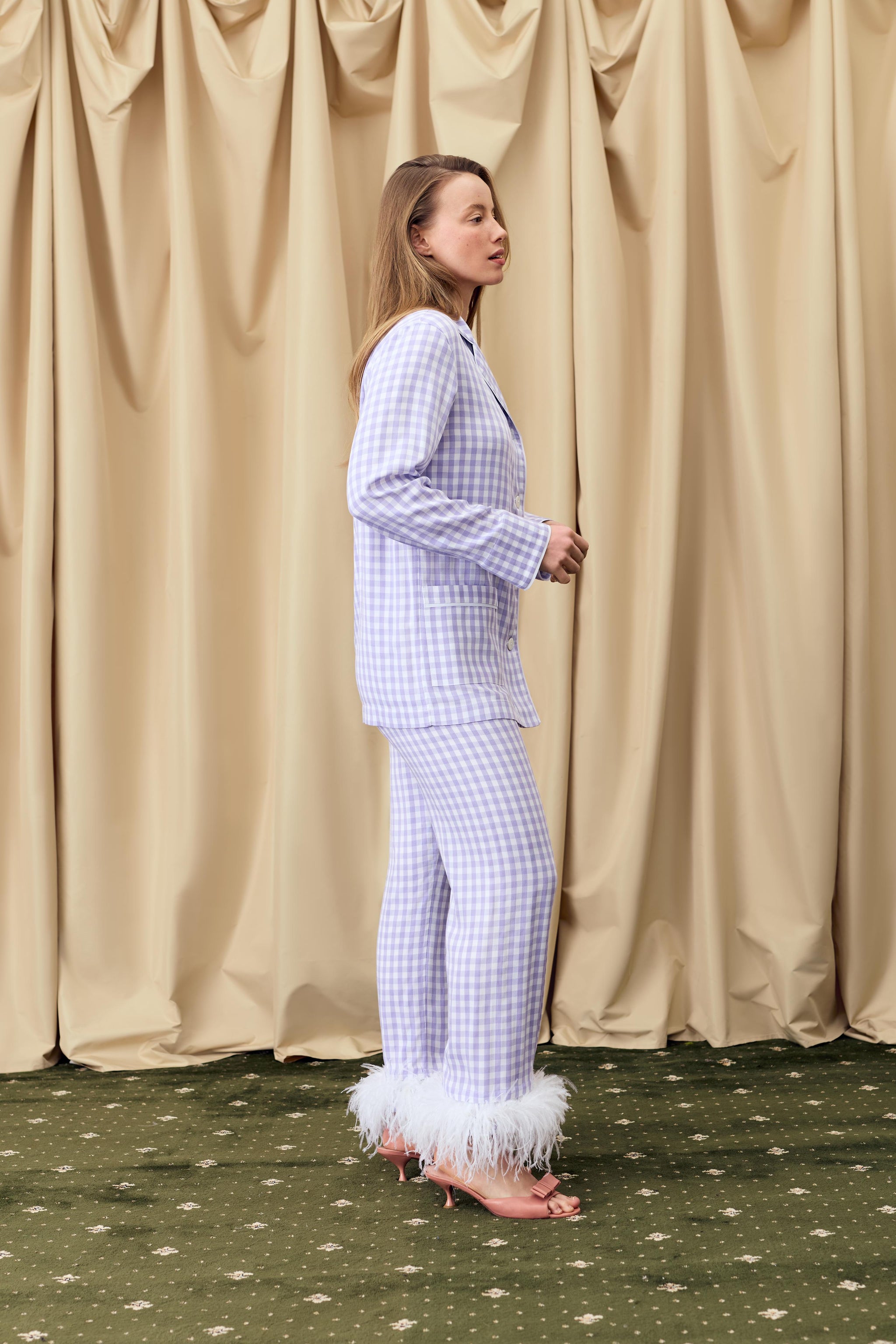 Party Pajama Set with Detachable Feathers in Lavender Vichy