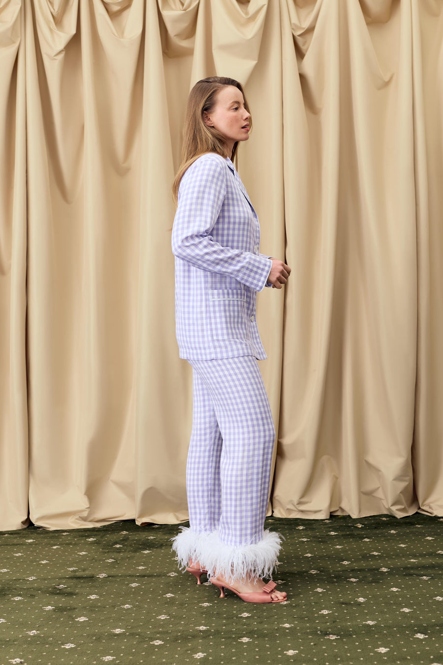 Party Pajama Set with Detachable Feathers in Lavender Vichy
