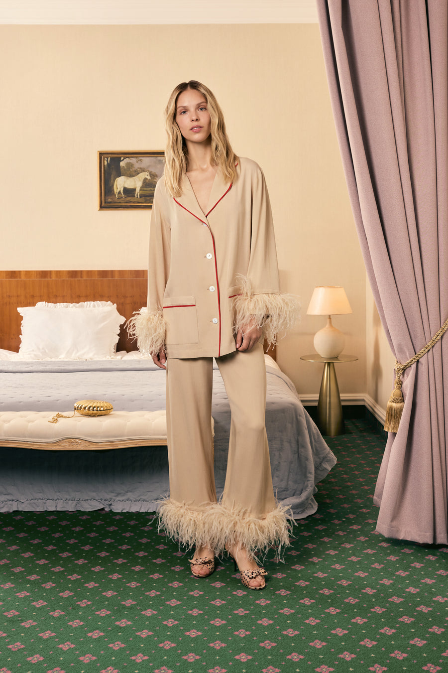 Party Pajamas Set with Detachable Feathers in Beige