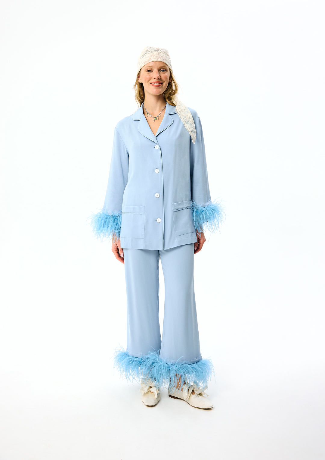 Party Pajamas Set with Detachable Feathers in Dust Blue