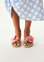 Poppies Silk Kitten Heel Mules in Mint and Pink