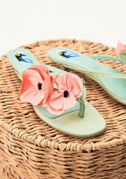 Poppies Silk Kitten Heel Mules in Mint and Pink