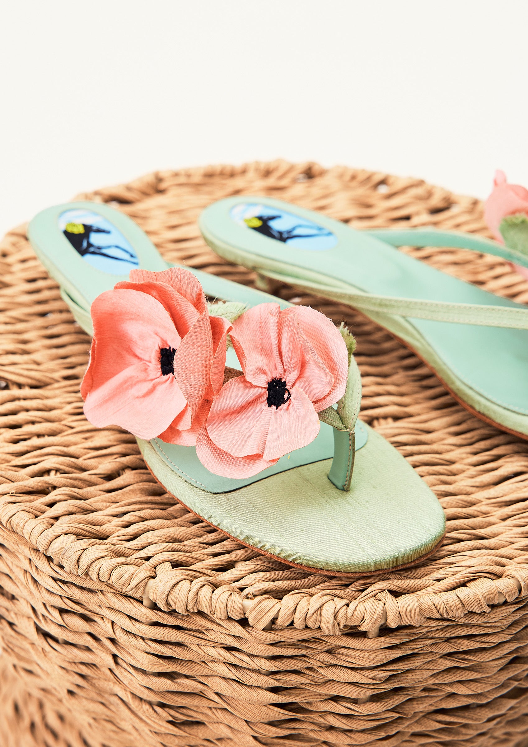 Poppies Silk Kitten Heel Mules in Mint and Pink