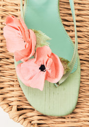 Poppies Silk Kitten Heel Mules in Mint and Pink