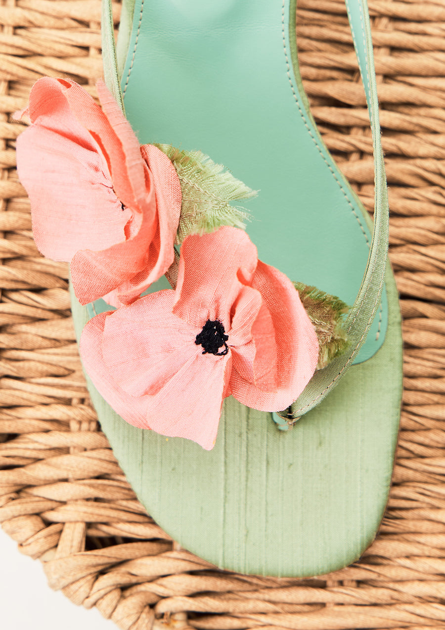 Poppies Silk Kitten Heel Mules in Mint and Pink