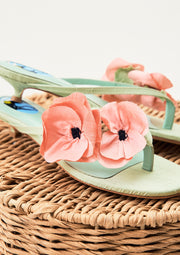 Poppies Silk Kitten Heel Mules in Mint and Pink