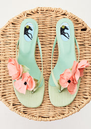 Poppies Silk Kitten Heel Mules in Mint and Pink