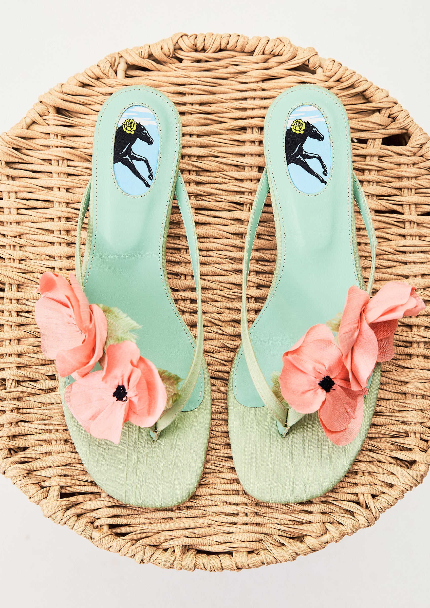 Poppies Silk Kitten Heel Mules in Mint and Pink