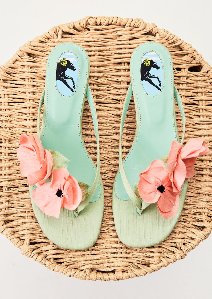Poppies Silk Kitten Heel Mules in Mint and Pink