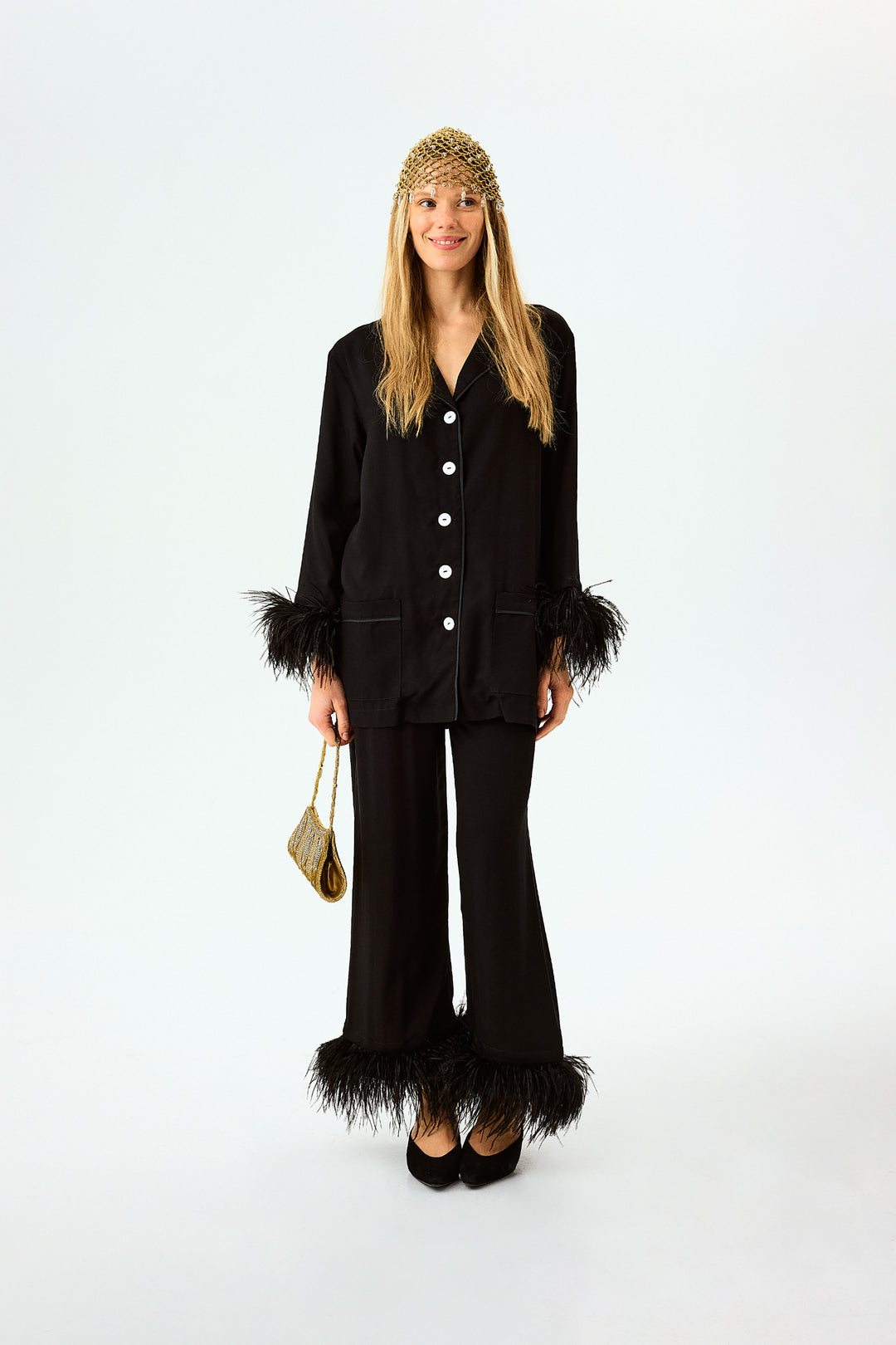 Party Pajamas Set with Detachable Feathers in Black