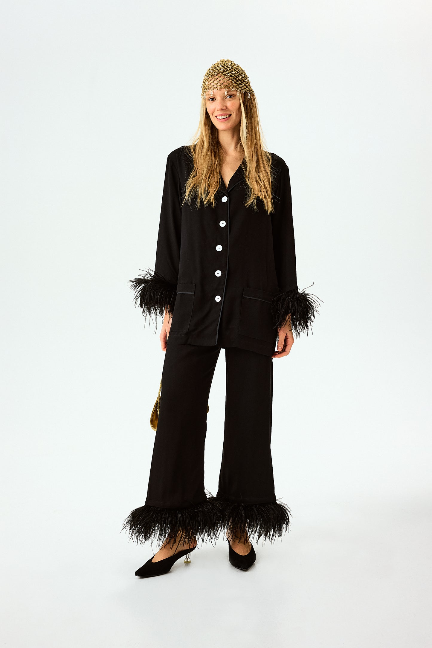 Party Pajamas Set with Detachable Feathers in Black