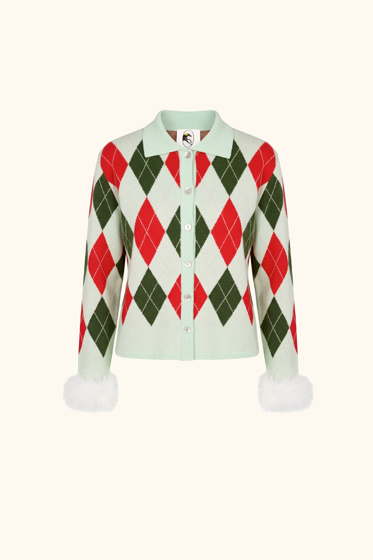 Argyle Cardigan with Feather Cuffs in mint