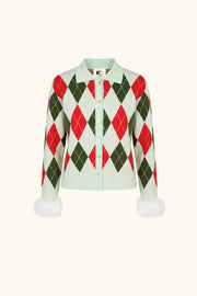 Argyle Cardigan with Feather Cuffs in mint