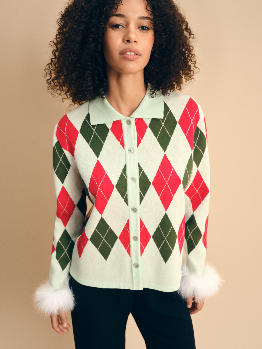 Argyle Cardigan with Feather Cuffs in mint
