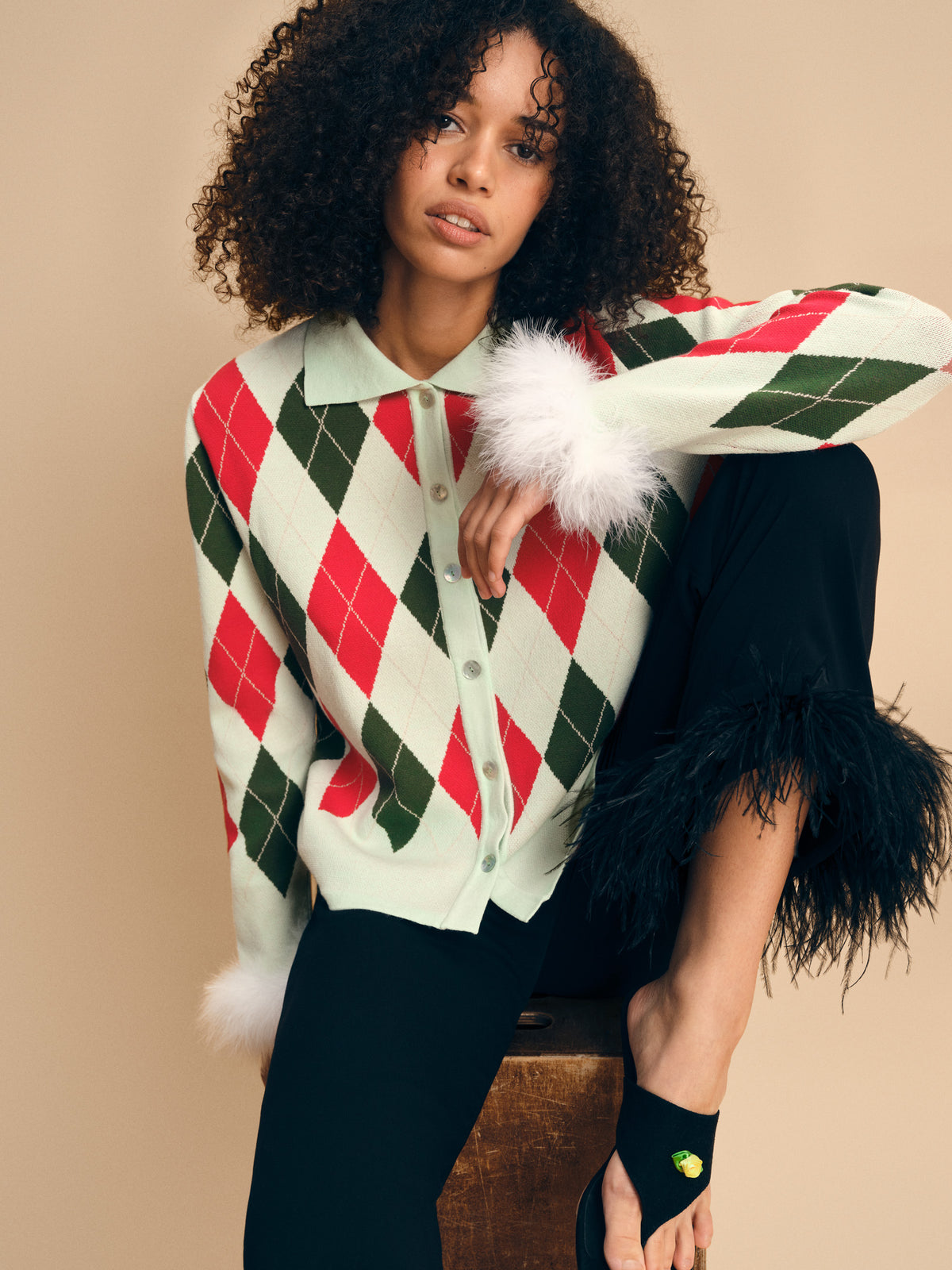 Argyle Cardigan with Feather Cuffs in mint