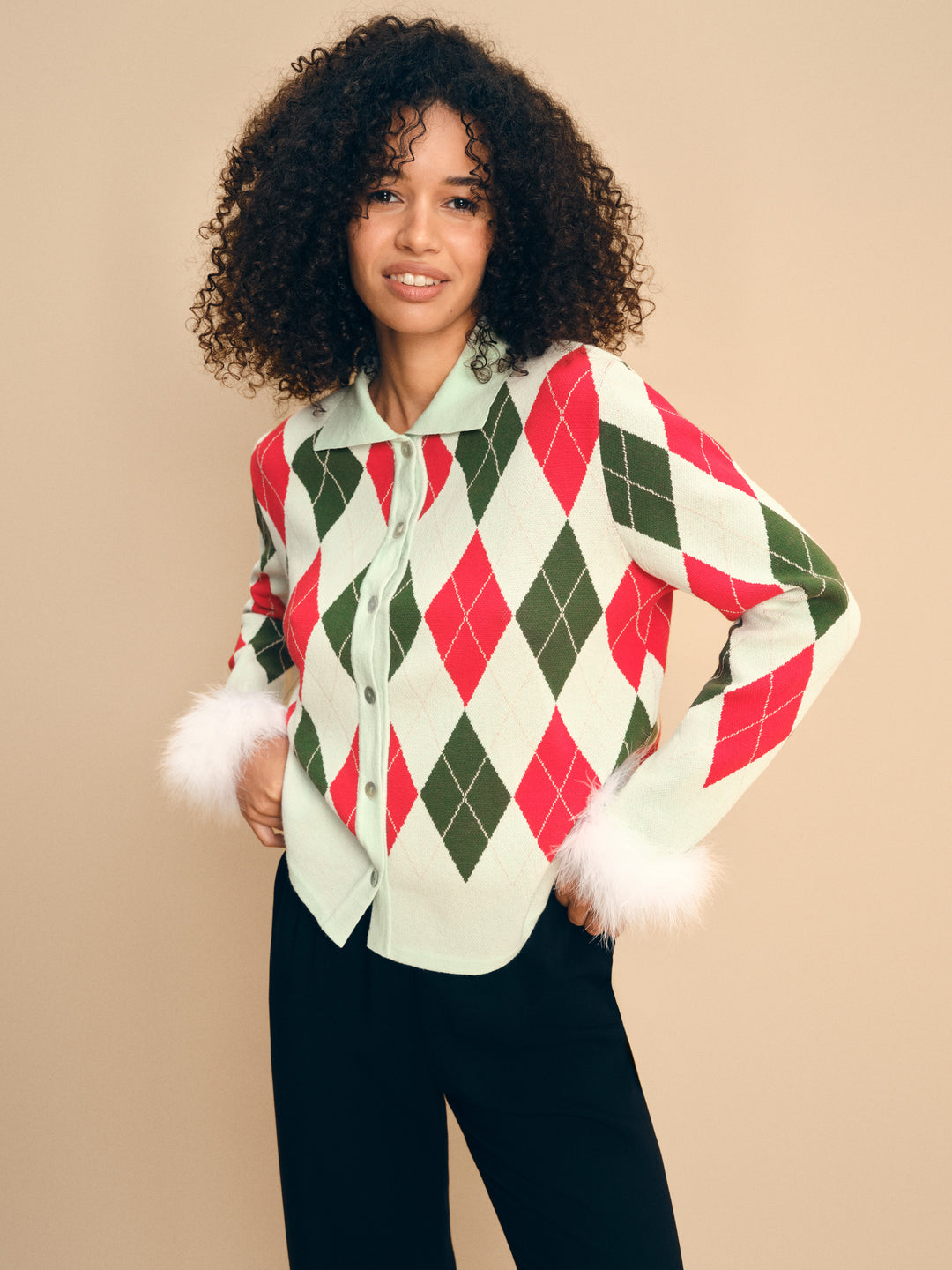 Argyle Cardigan with Feather Cuffs in mint
