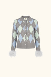 Argyle Cardigan with Feather Cuffs in Grey