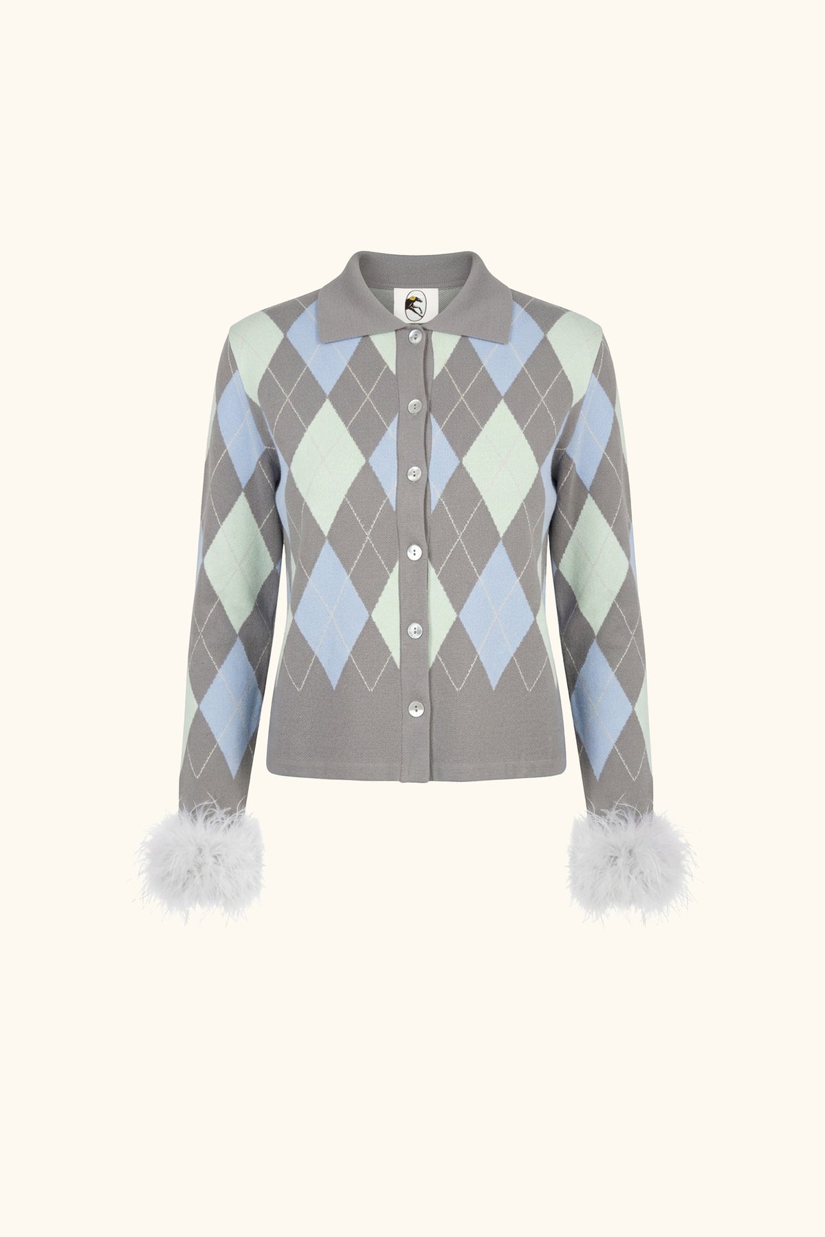 Argyle Cardigan with Feather Cuffs in Grey