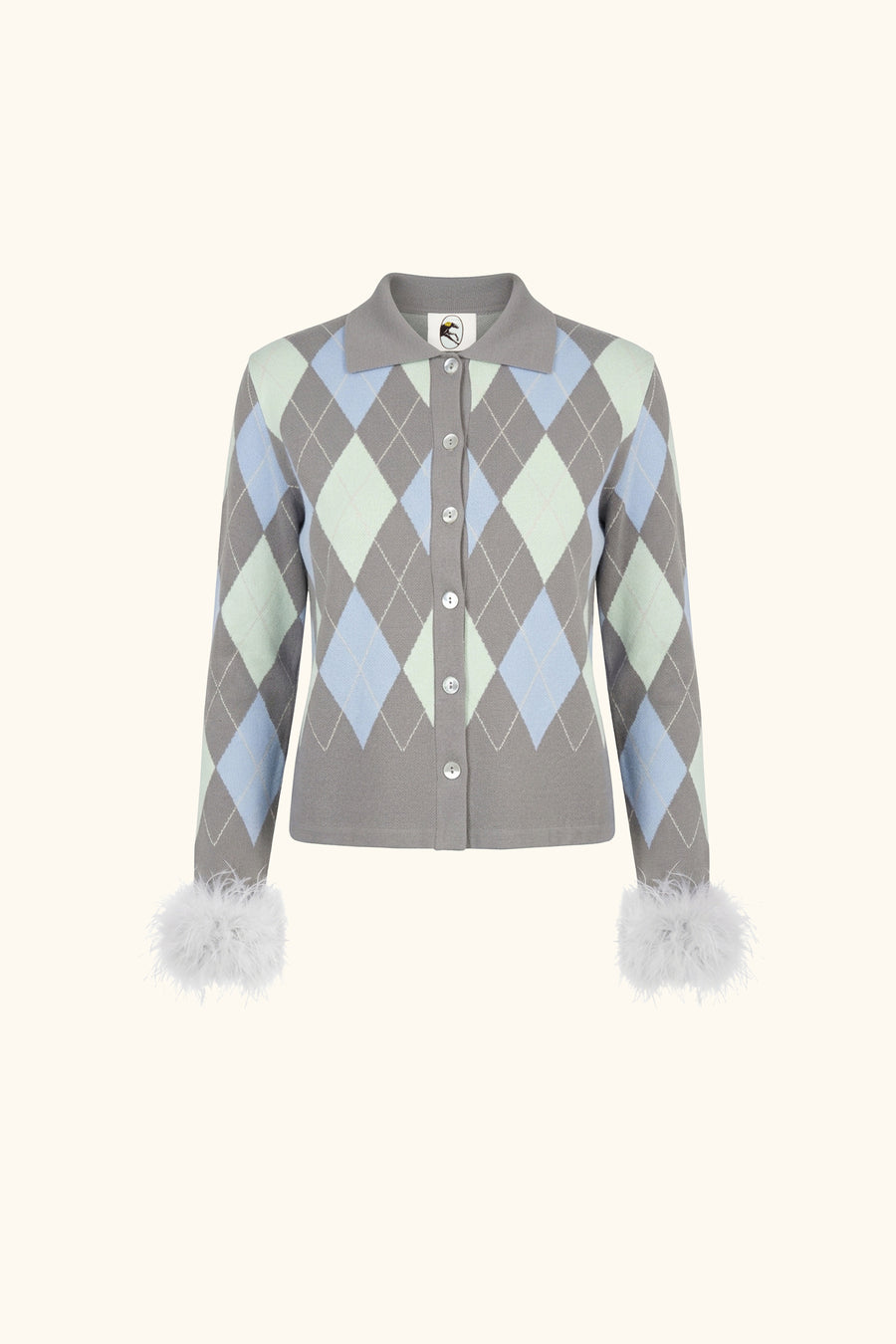 Argyle Cardigan with Feather Cuffs in Grey