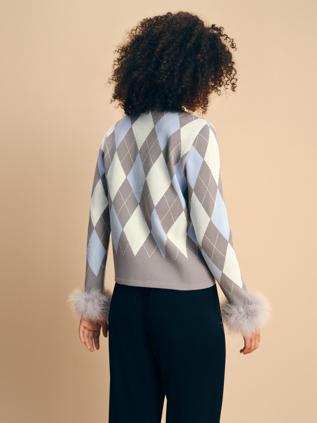 Argyle Cardigan with Feather Cuffs in Grey