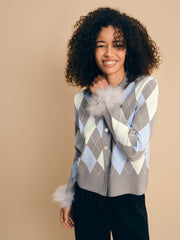 Argyle Cardigan with Feather Cuffs in Grey