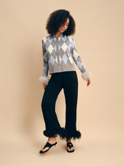 Argyle Cardigan with Feather Cuffs in Grey