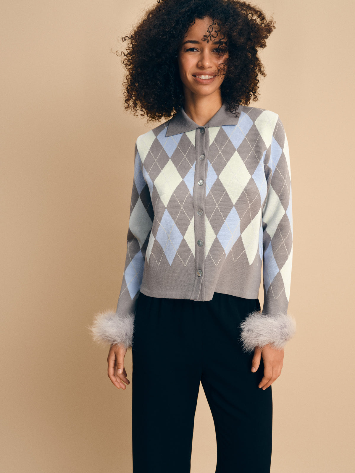 Argyle Cardigan with Feather Cuffs in Grey