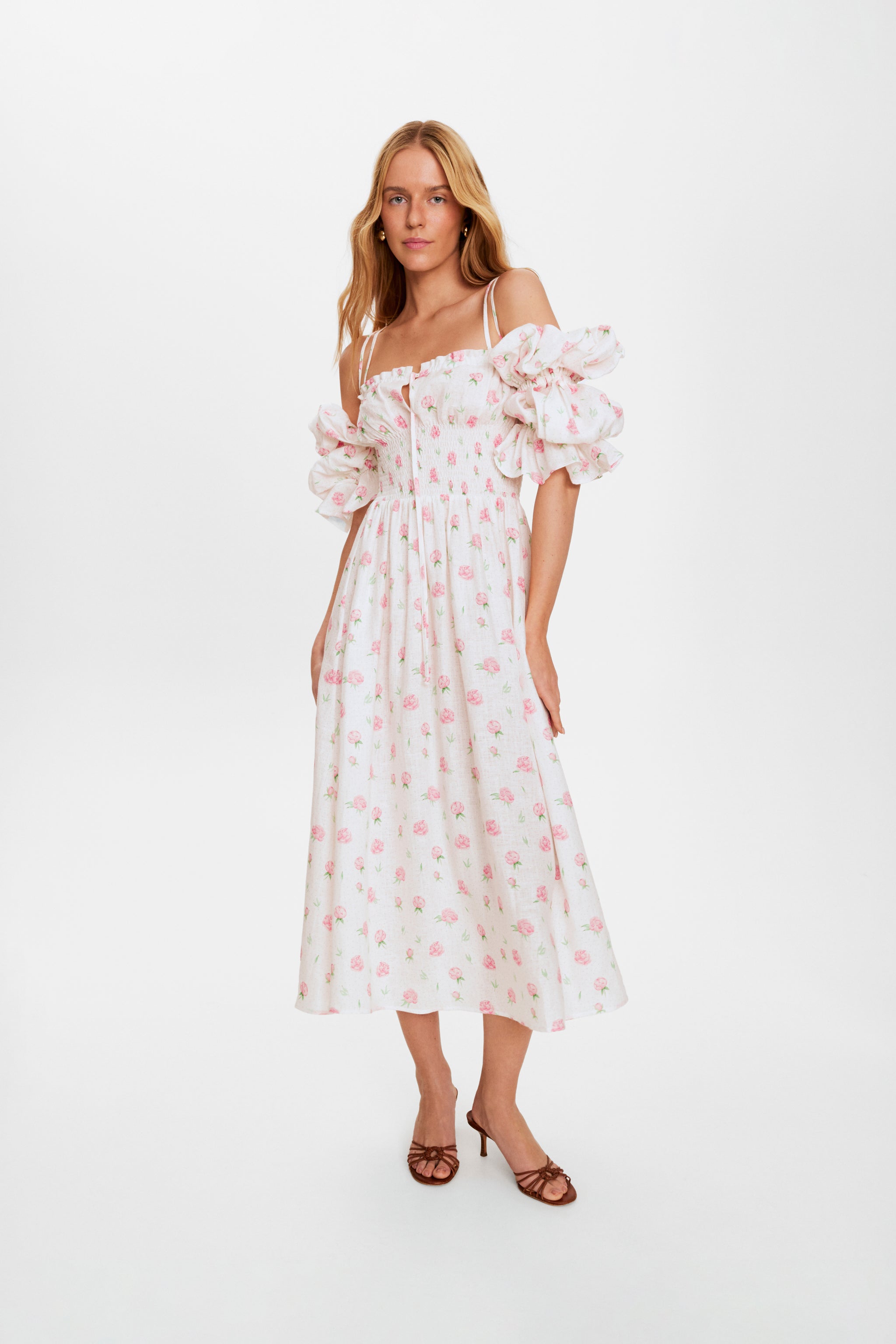Arle Ruffled Linen Midi Dress in Roses