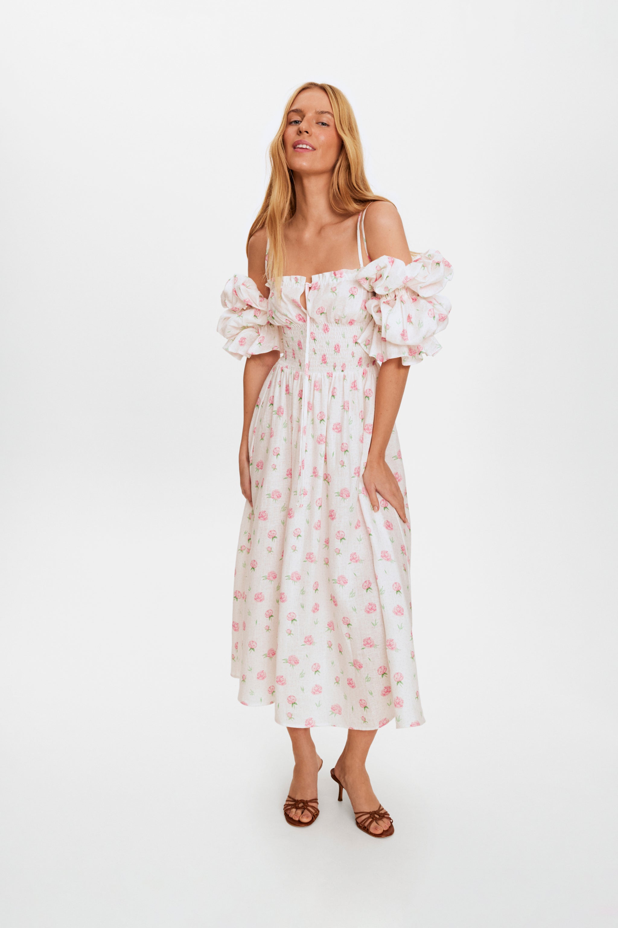 Arle Ruffled Linen Midi Dress in Roses