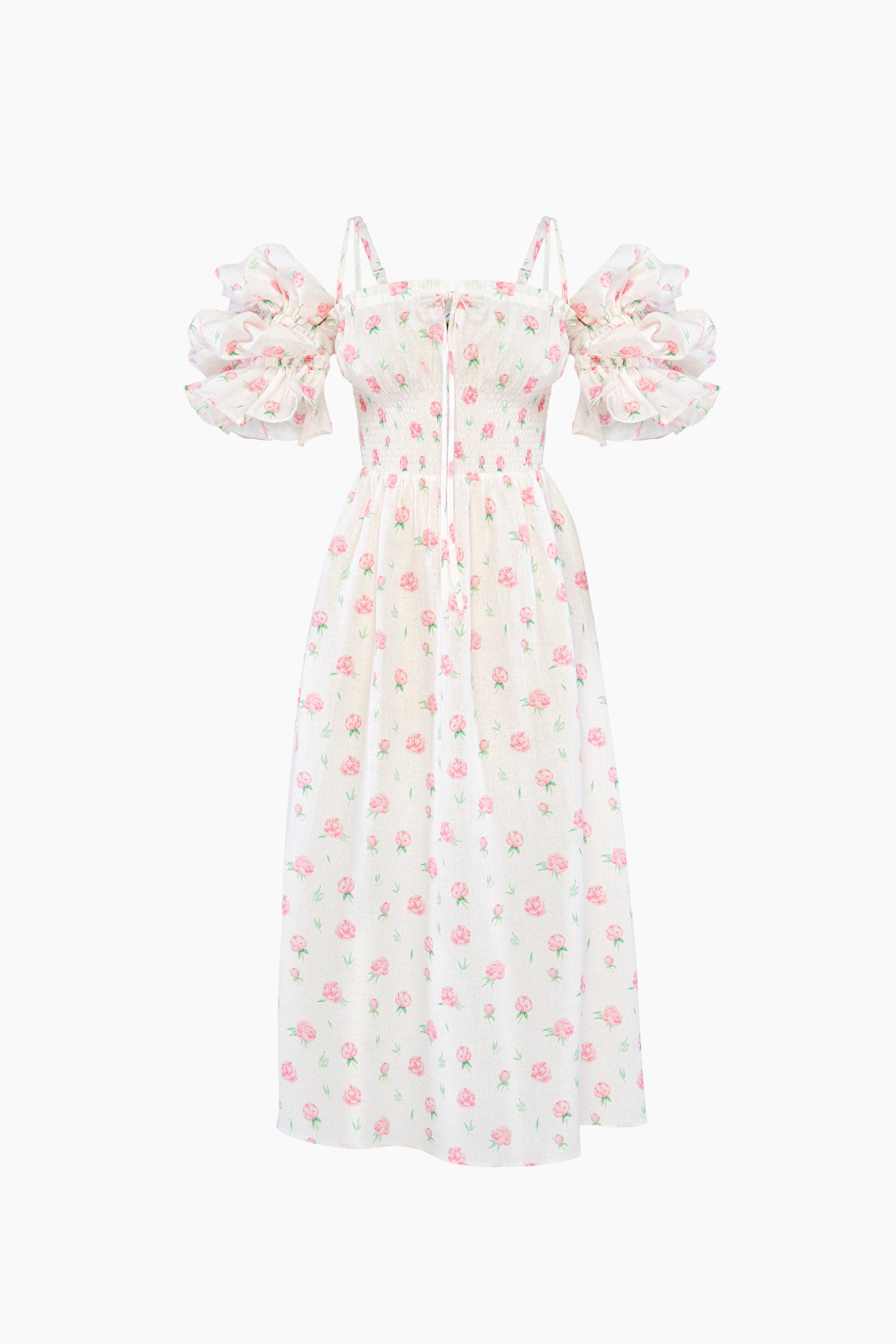 Arle Ruffled Linen Midi Dress in Roses