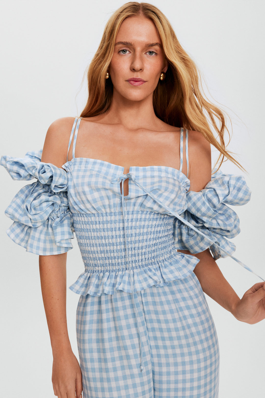 Arle Ruffled Linen Top in Blue Vichy