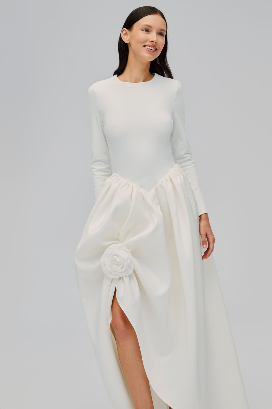 white long sleeve evening dress Glamorous Sleeves Mermaid Off-the-shoulder Split Prom Gown stretchy fabric allows room for hips White Long Sheath High Slit