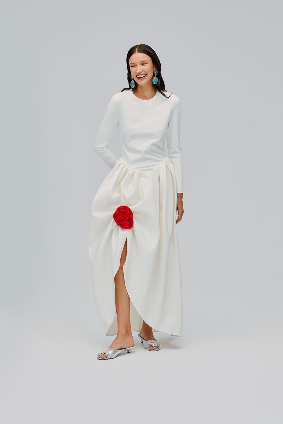 Aurora Maxi Dress in White With Red Rose