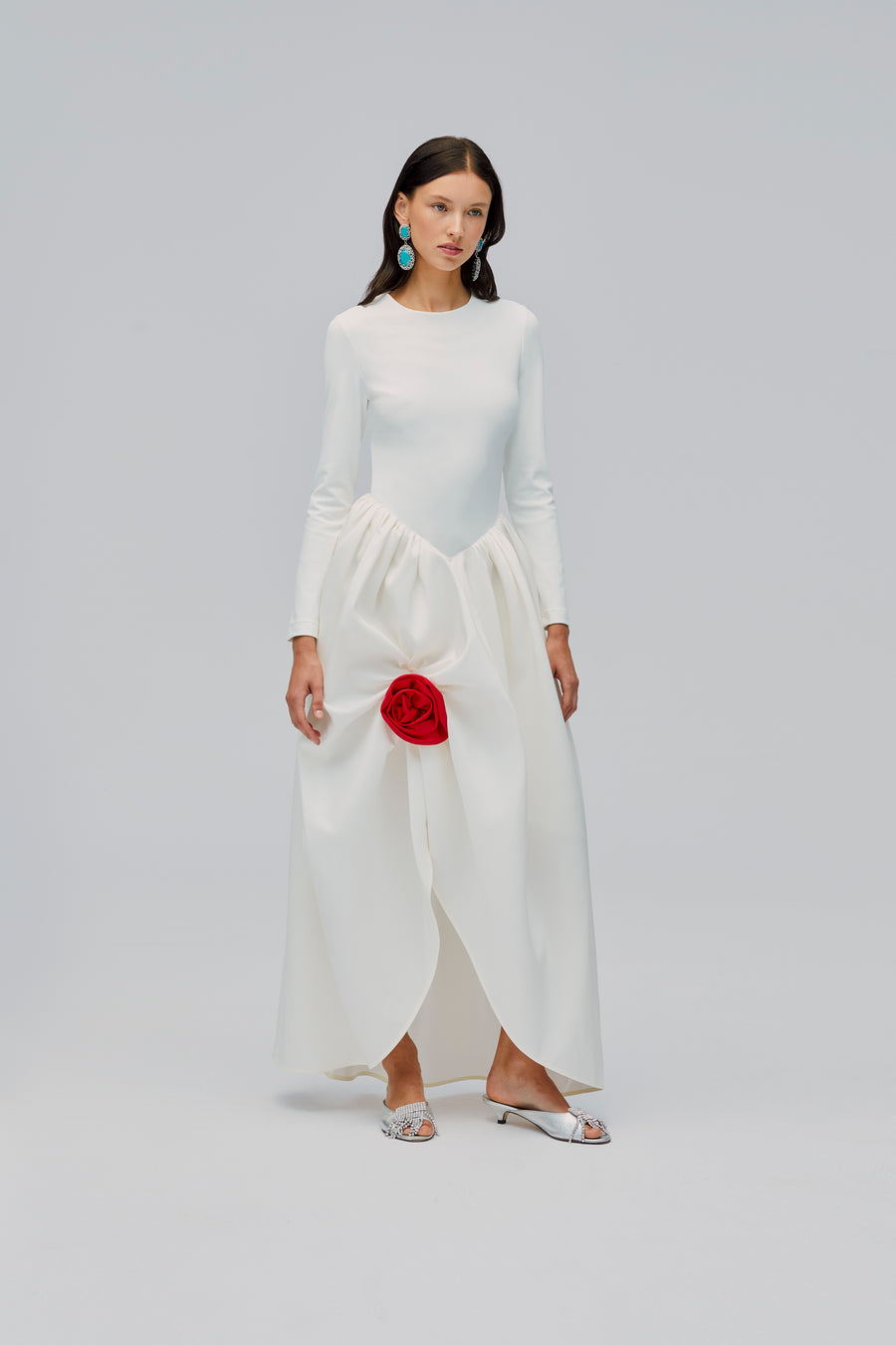 Aurora Maxi Dress in White With Red Rose