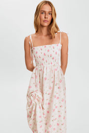 Atlanta Linen Strap Dress with Rose Detail in Roses
