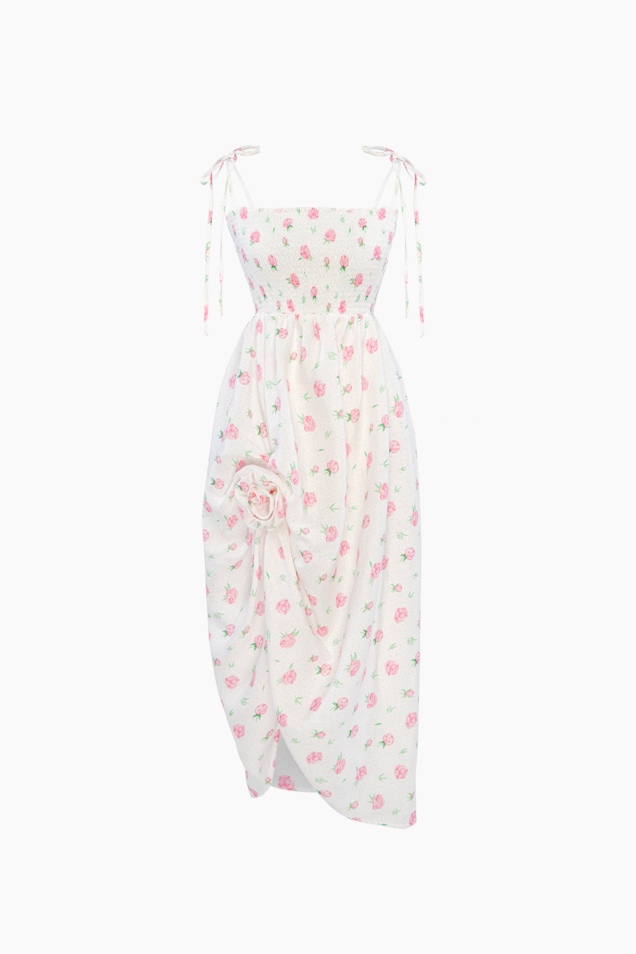 Atlanta Linen Strap Dress with Rose Detail in Roses