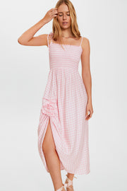 Atlanta Linen Strap Dress with Rose Detail in Pink Vichy