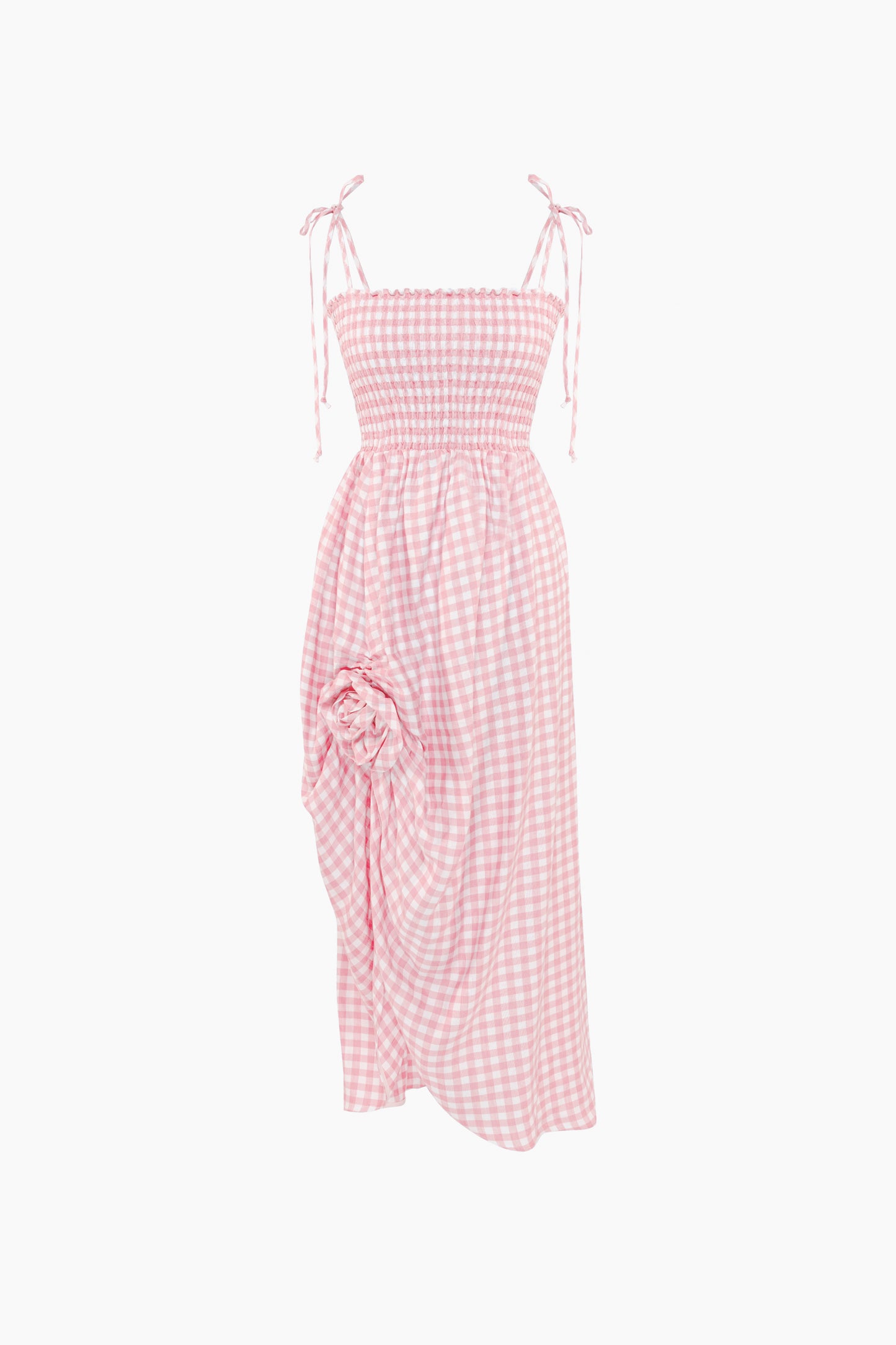Atlanta Linen Strap Dress with Rose Detail in Pink Vichy