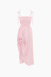 Atlanta Linen Strap Dress with Rose Detail in Pink Vichy