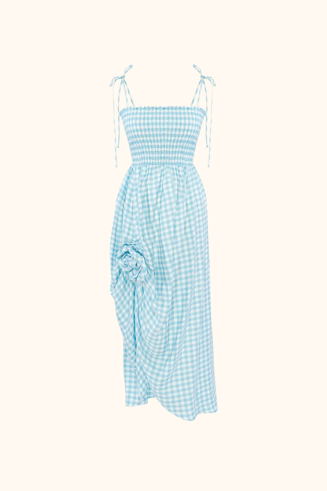 Atlanta Linen Strap Dress with Rose Detail in Blue Vichy