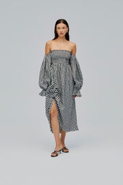 Atlanta Linen Dress with Rose Detail in Black Vichy