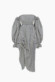 Atlanta Linen Dress with Rose Detail in Black Vichy