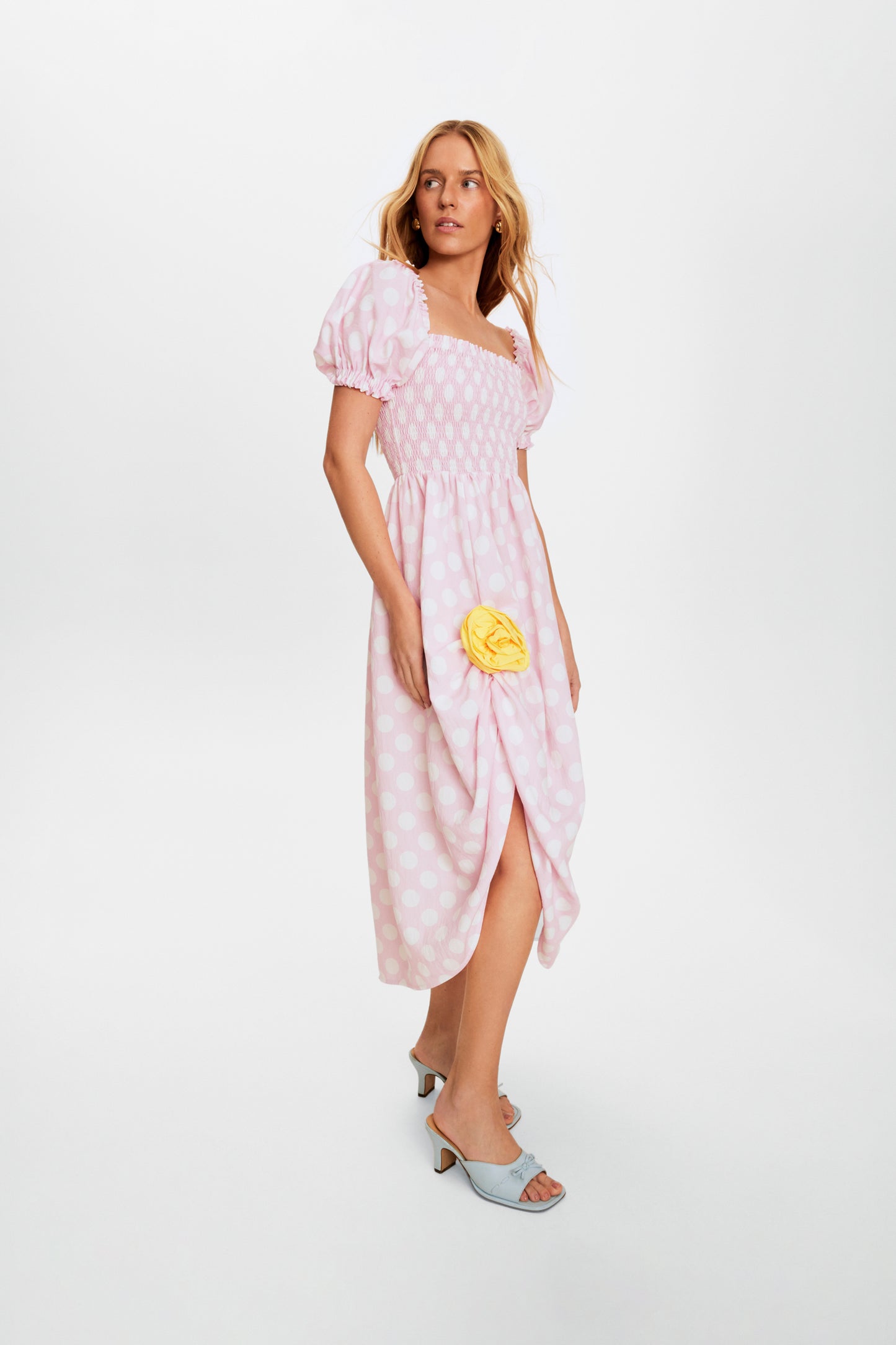 Belle Dress with Rose Detail in Pink Polka Dot