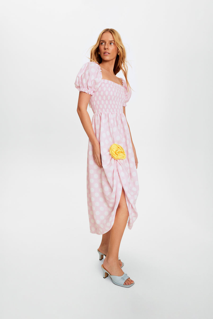 Belle Dress with Rose Detail in Pink Polka Dot