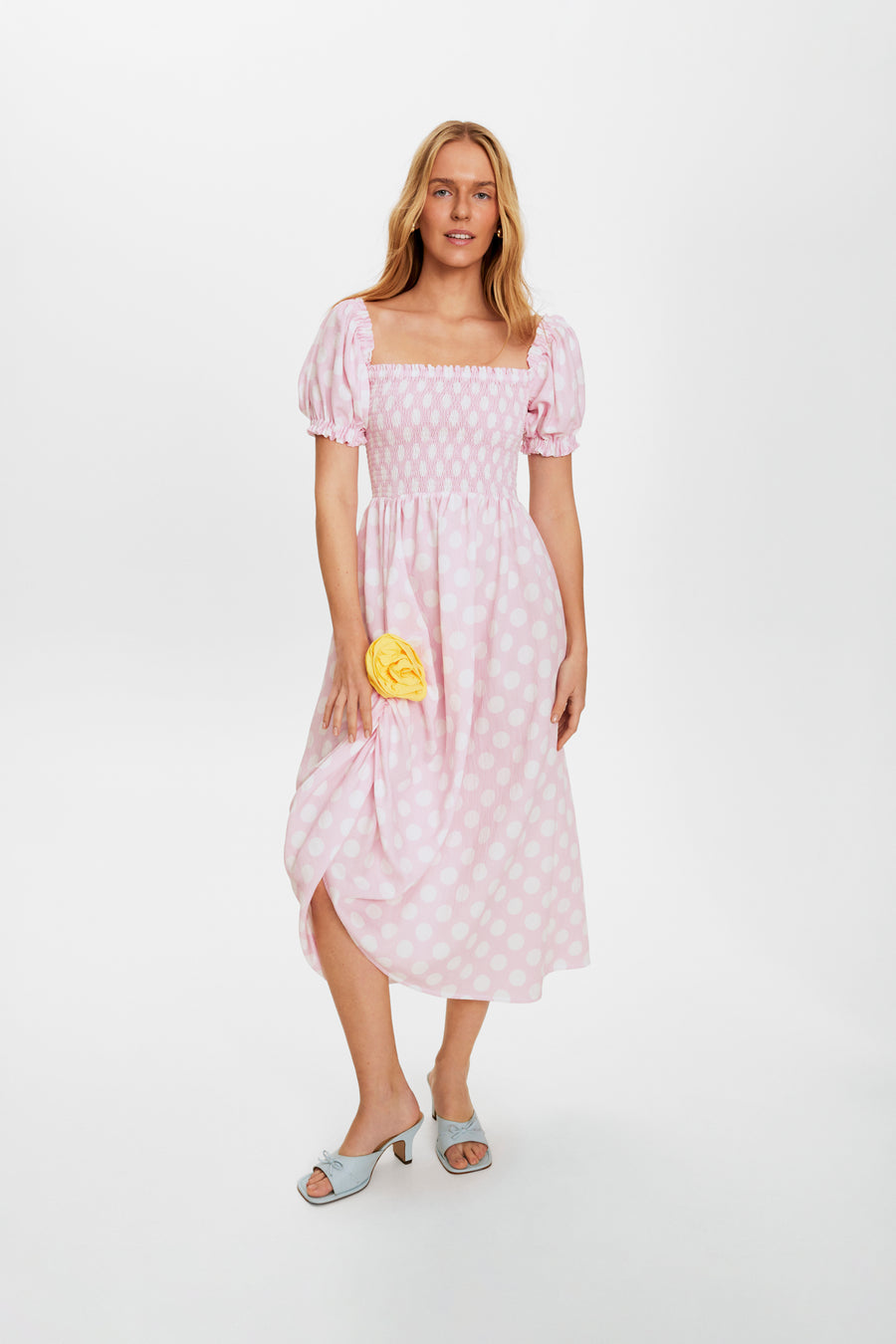 Belle Dress with Rose Detail in Pink Polka Dot
