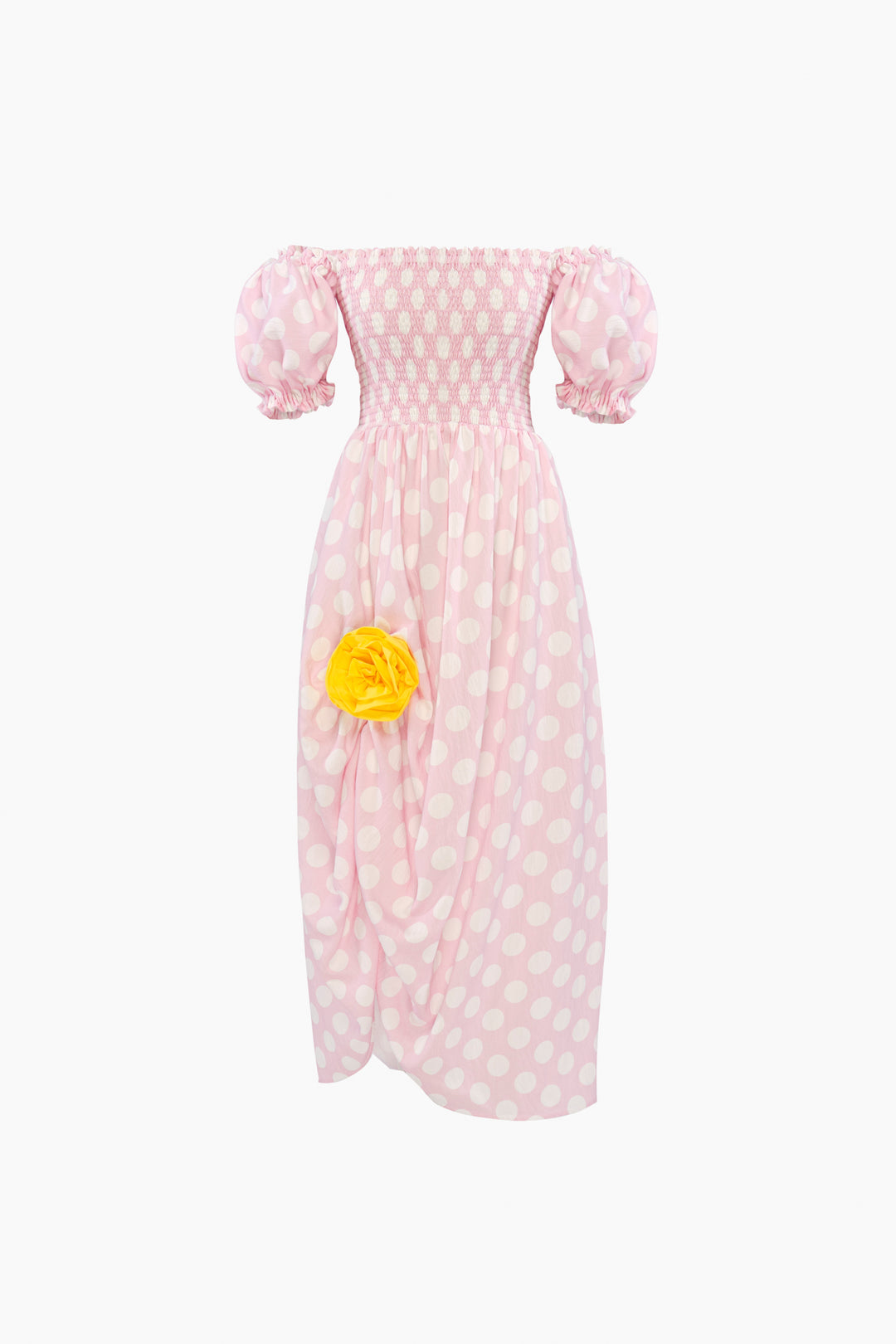 Belle Dress with Rose Detail in Pink Polka Dot