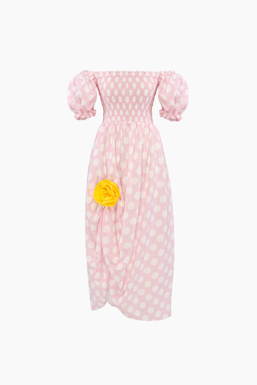 Belle Dress with Rose Detail in Pink Polka Dot