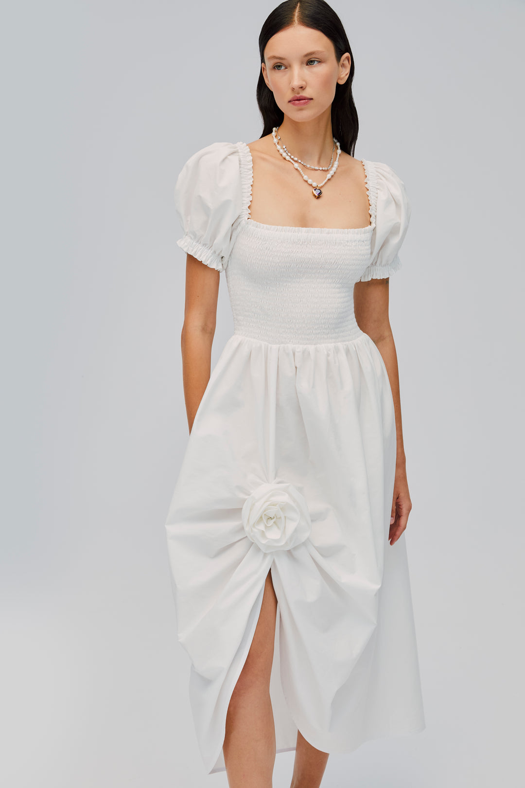 Belle Cotton Dress with Rose Detail in White