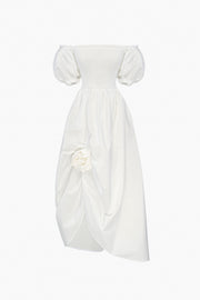 Belle Cotton Dress with Rose Detail in White