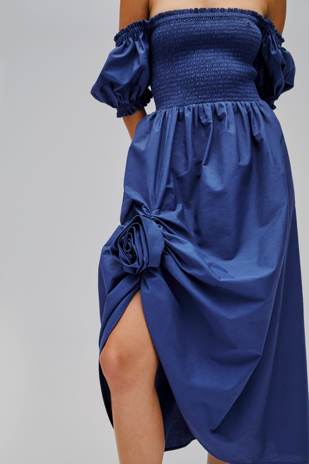 Belle Cotton Dress with Rose Detail in Navy